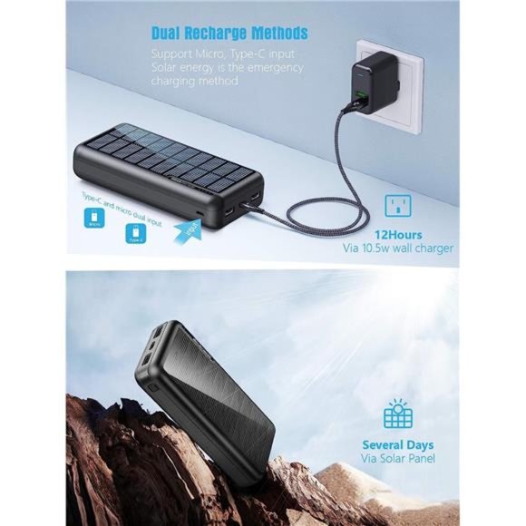 Portable Charger 30000mAh, Power Bank Solar Charger with 2 USB Outputs and USB-C - Picture 2 of 6